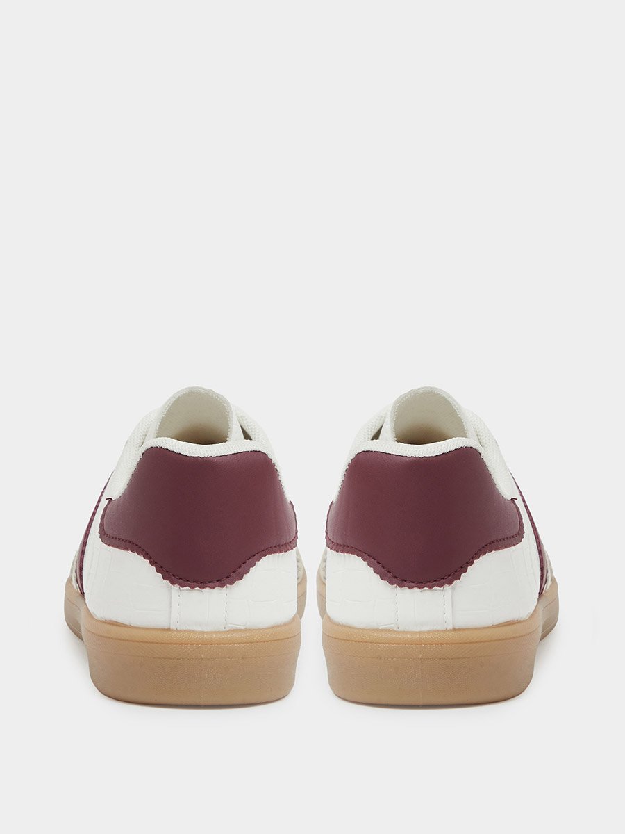 Burgundy Crocodile Embossed PU Sneakers with Gum Sole