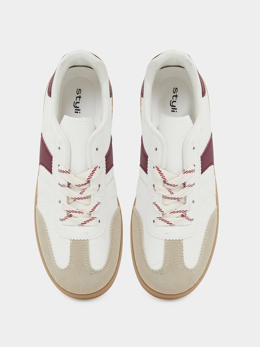 Burgundy Crocodile Embossed PU Sneakers with Gum Sole