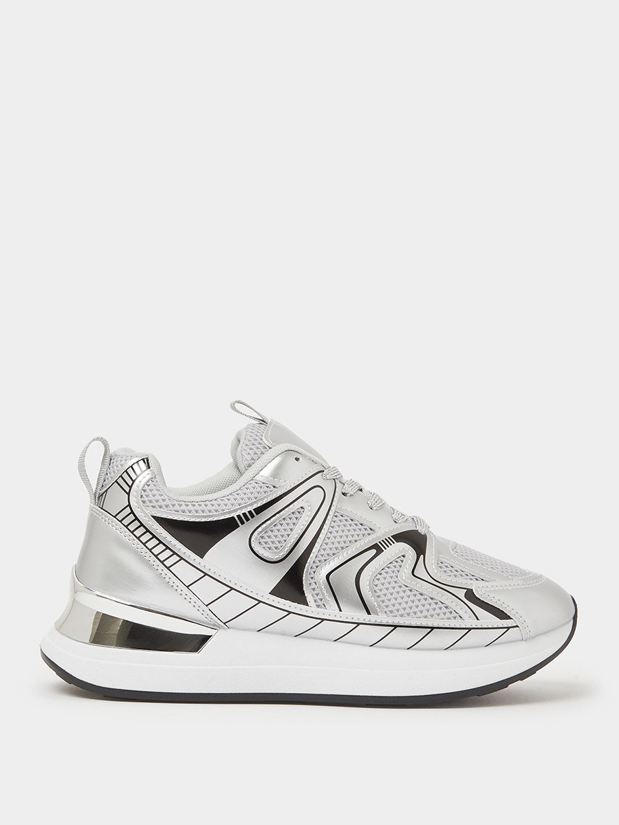 Silver Mesh Details Lace-Up Sports Sneakers