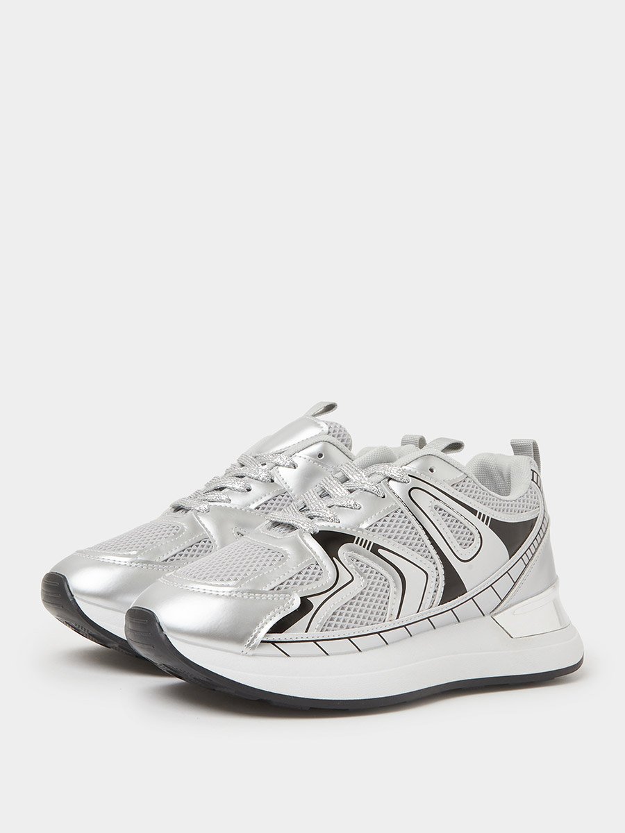 Silver Mesh Details Lace-Up Sports Sneakers