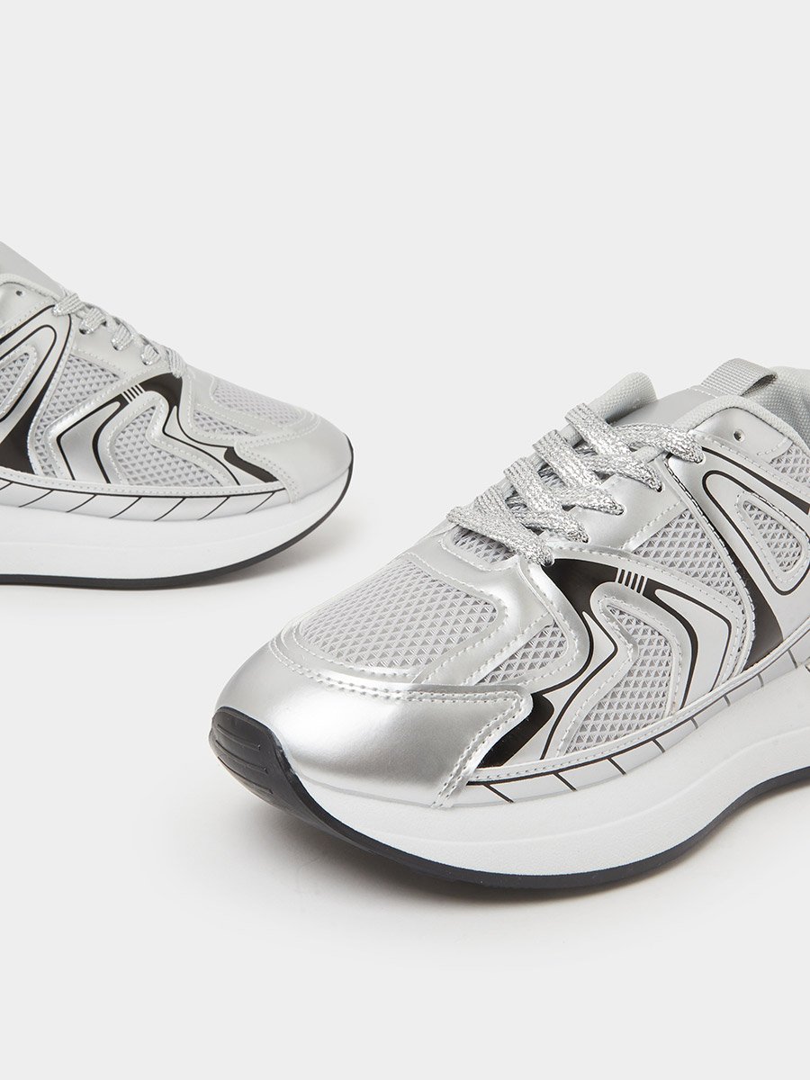 Silver Mesh Details Lace-Up Sports Sneakers