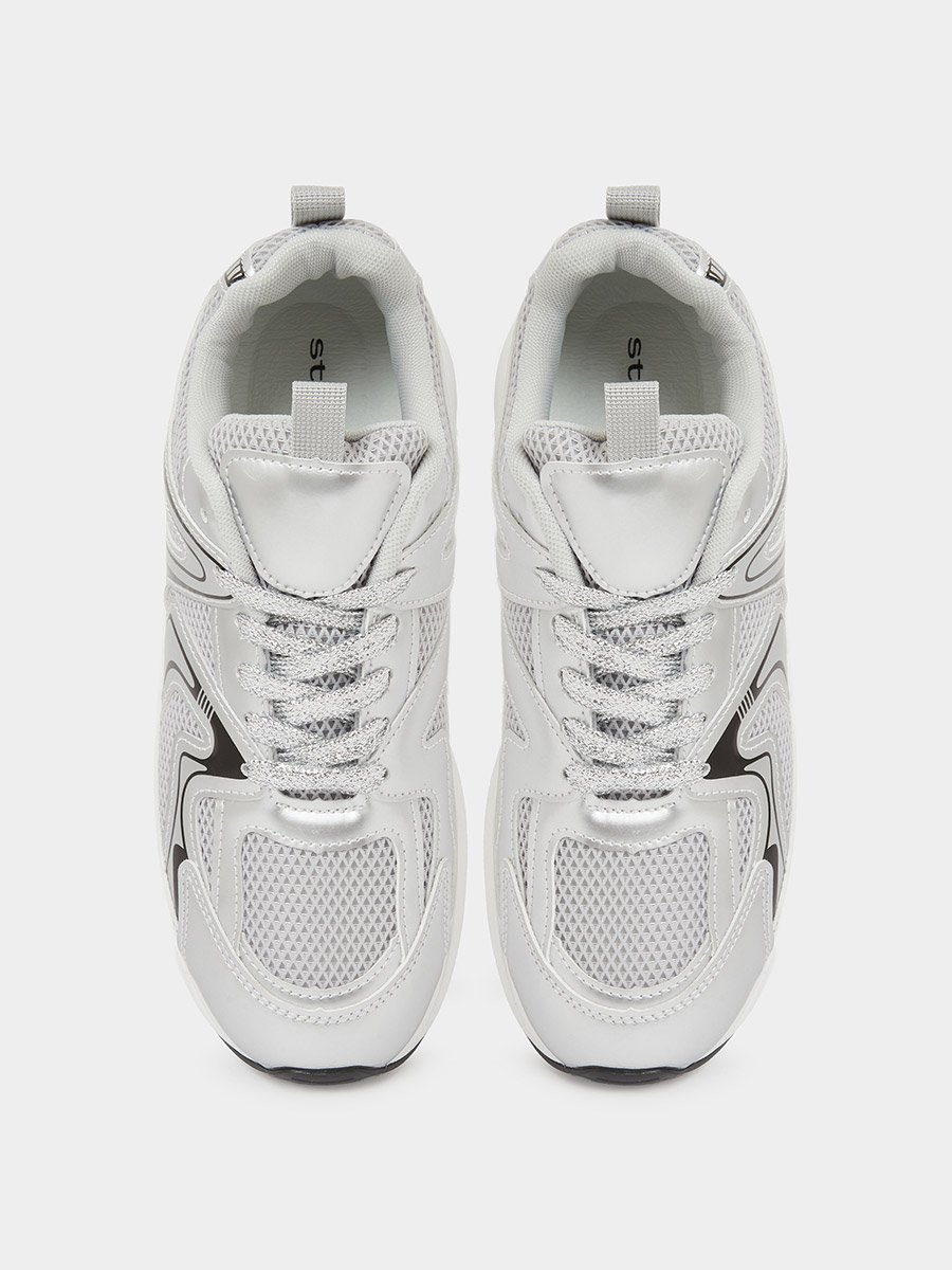 Silver Mesh Details Lace-Up Sports Sneakers