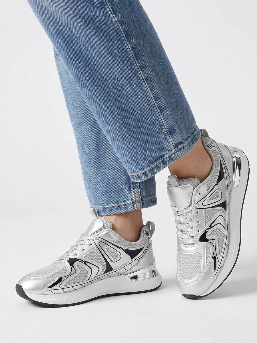 Silver Mesh Details Lace-Up Sports Sneakers