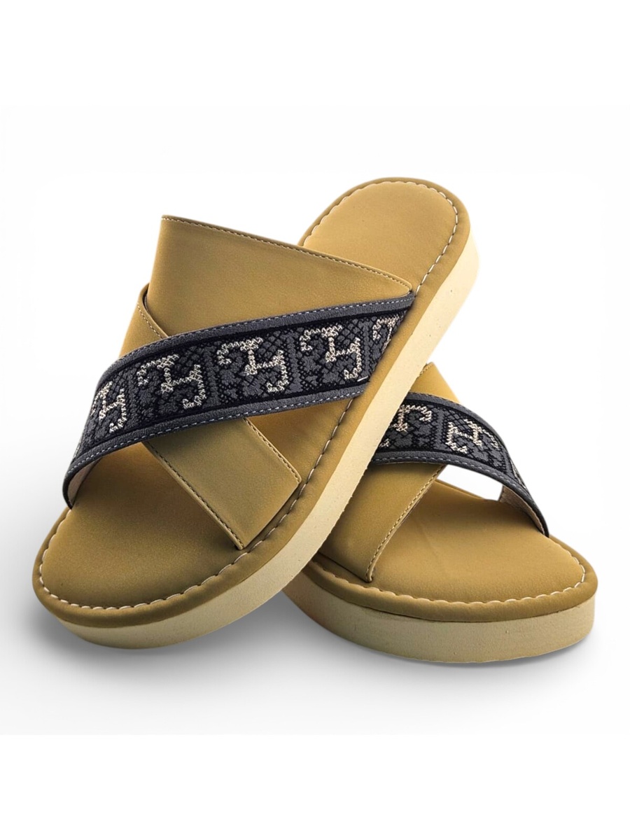 Boys Brown Geo Cross-Strap Arabic Slippers