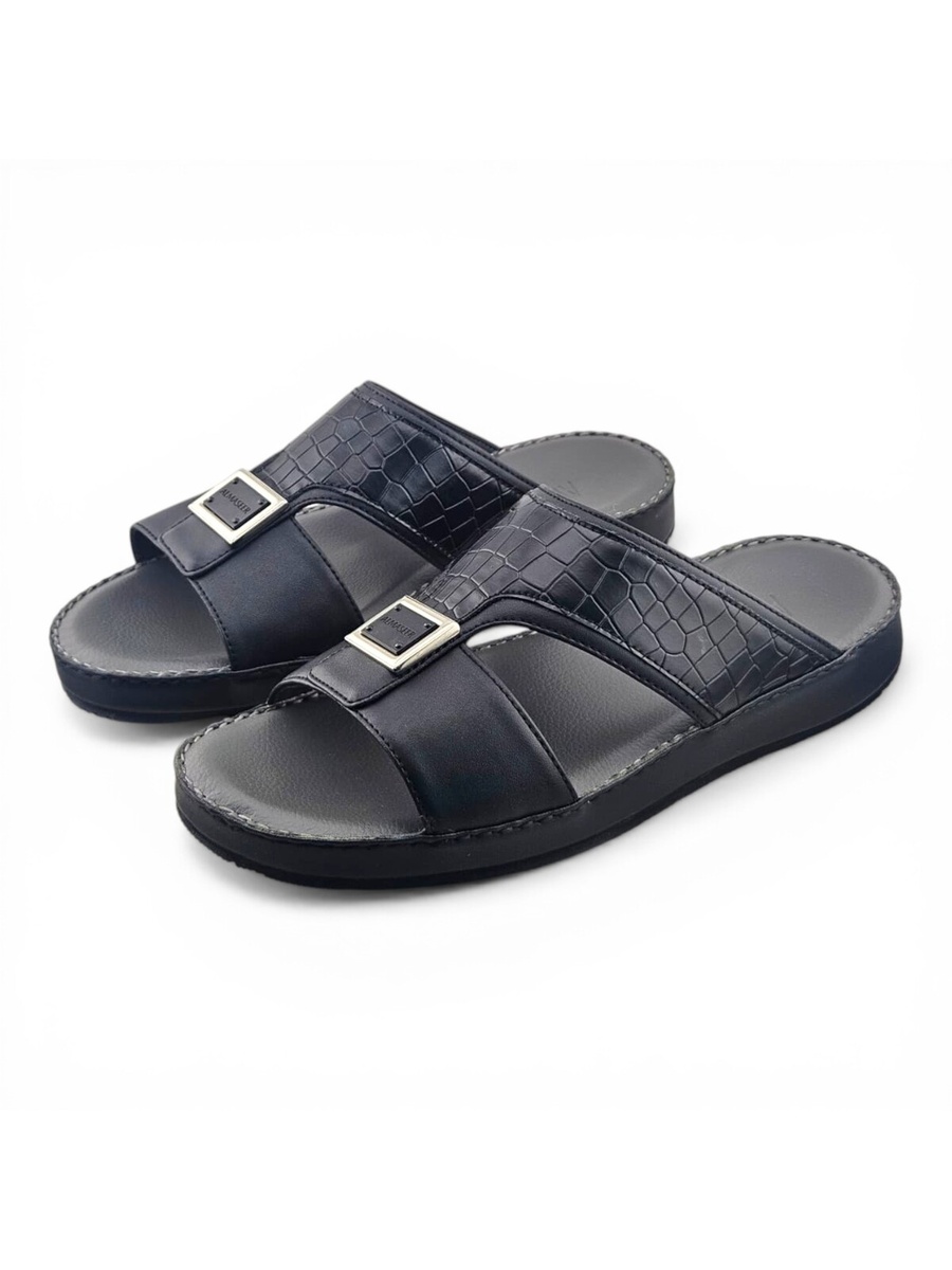 Men Black Leather Casual Sandals with Crocodile Texture
