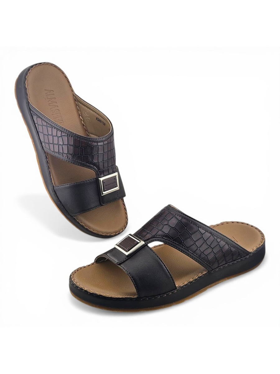 Men Brown Leather Croc-Embossed Comfort Sandals