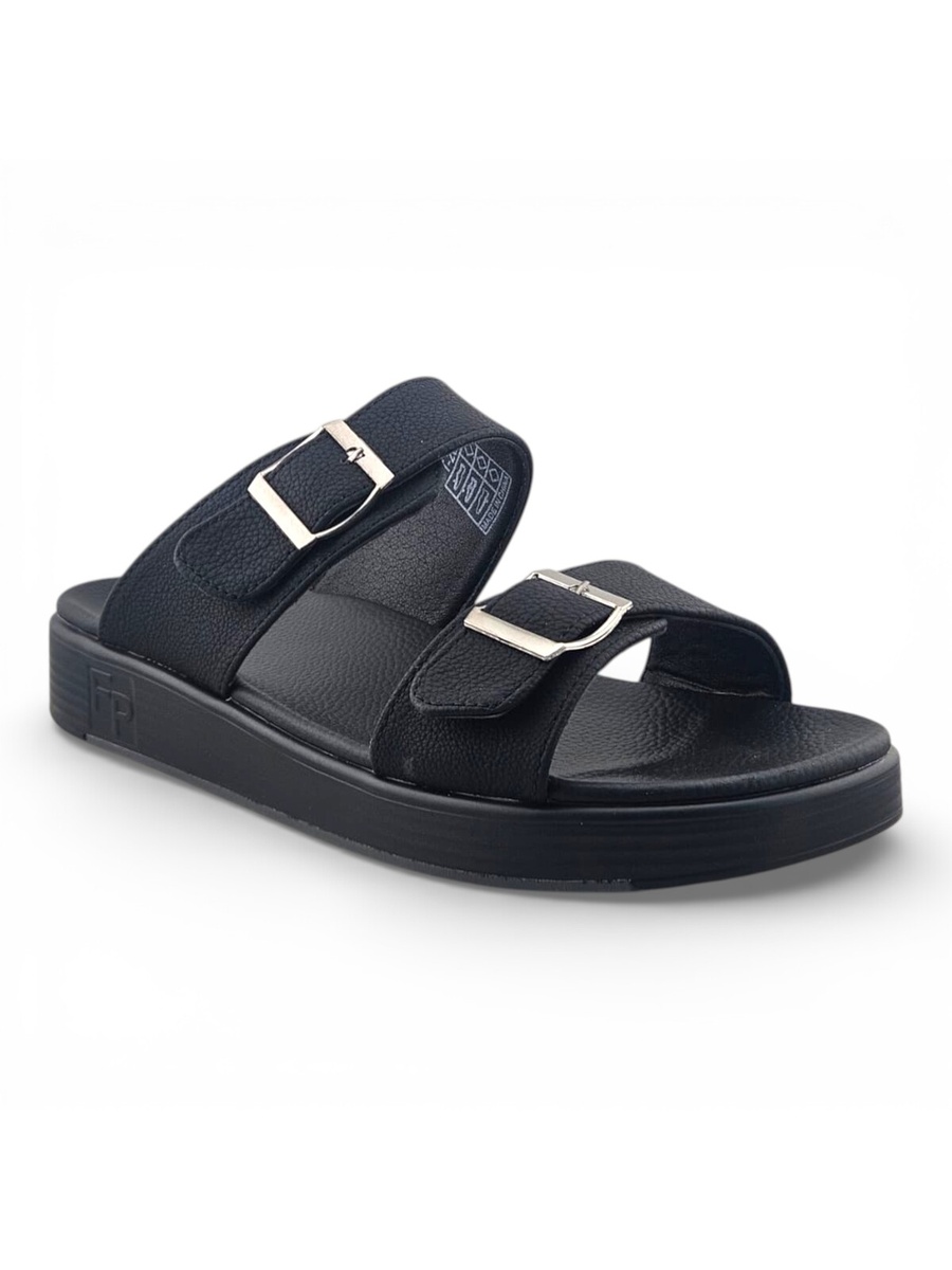Men Black Dual Buckle Comfort Sandals