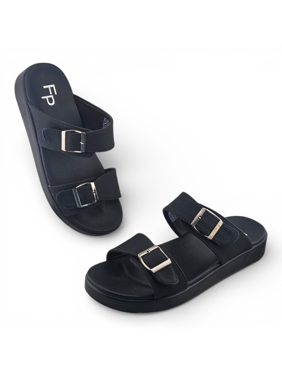Men Black Dual Buckle Comfort Sandals
