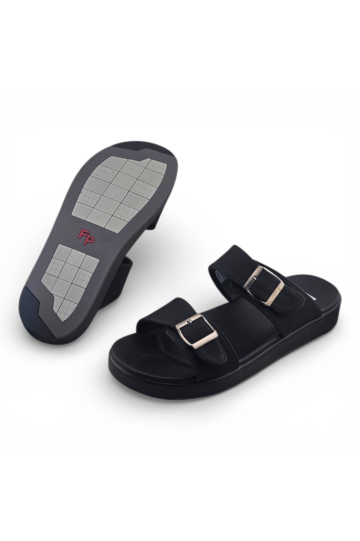 Men Black Dual Buckle Comfort Sandals