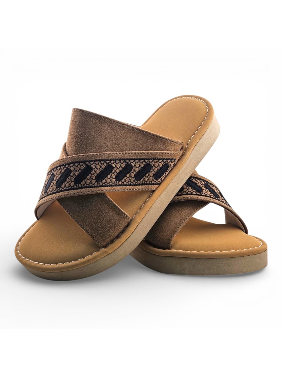 Boys Tan Geo Cross-Strap Arabic Slippers