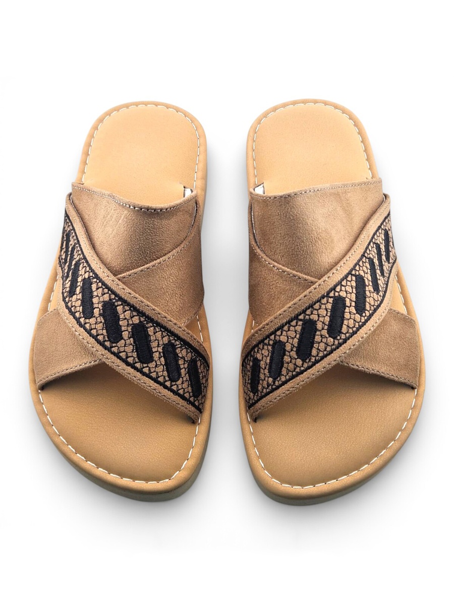 Boys Tan Geo Cross-Strap Arabic Slippers