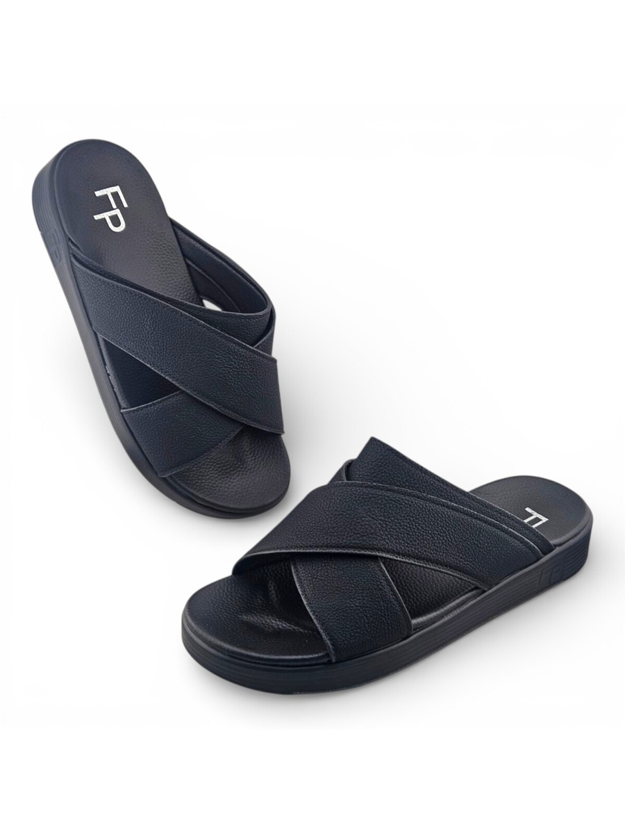 Men Black Cross Strap Comfort Sandals