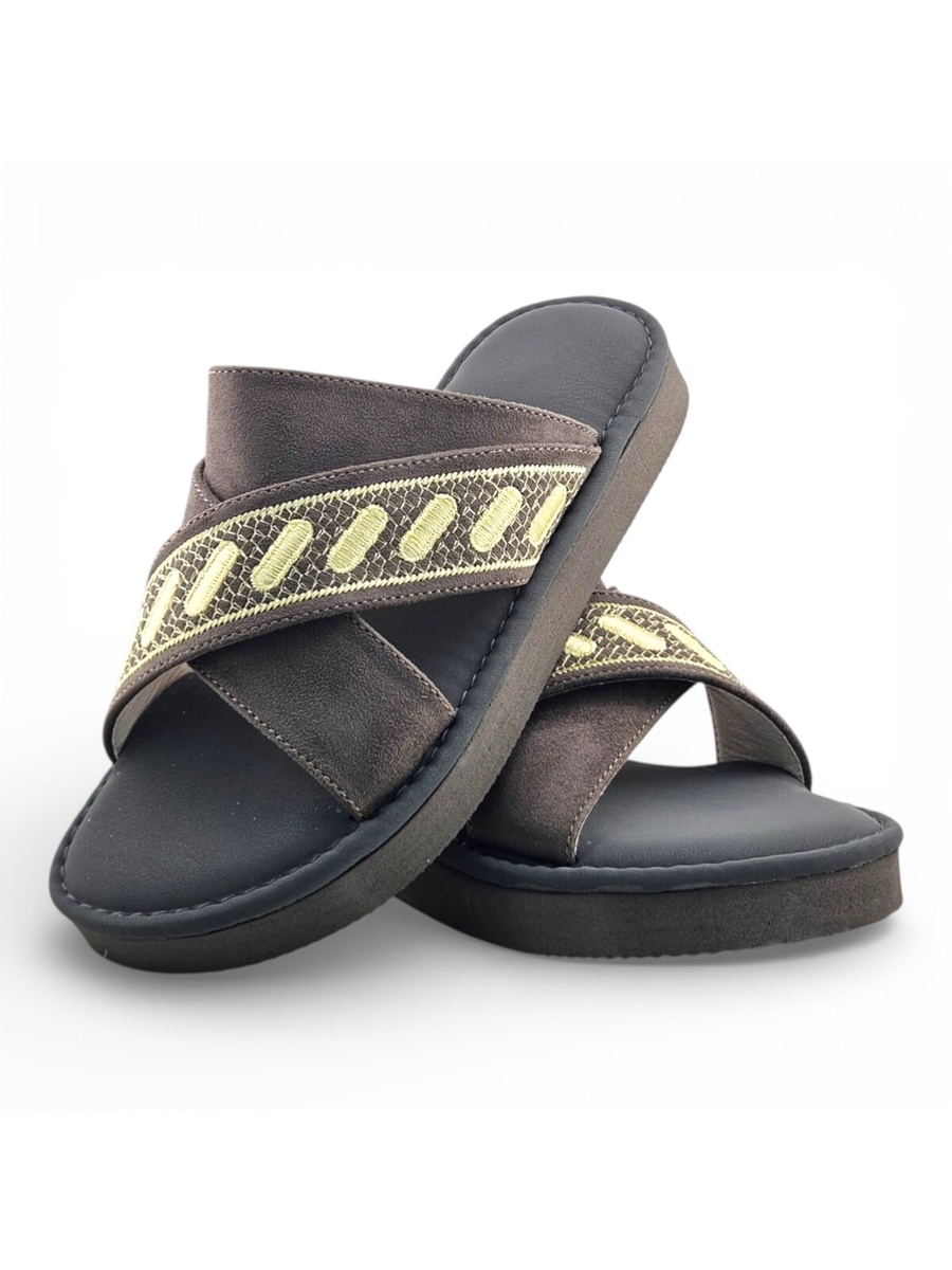 Boys Olive Geo Cross-Strap Arabic Slippers