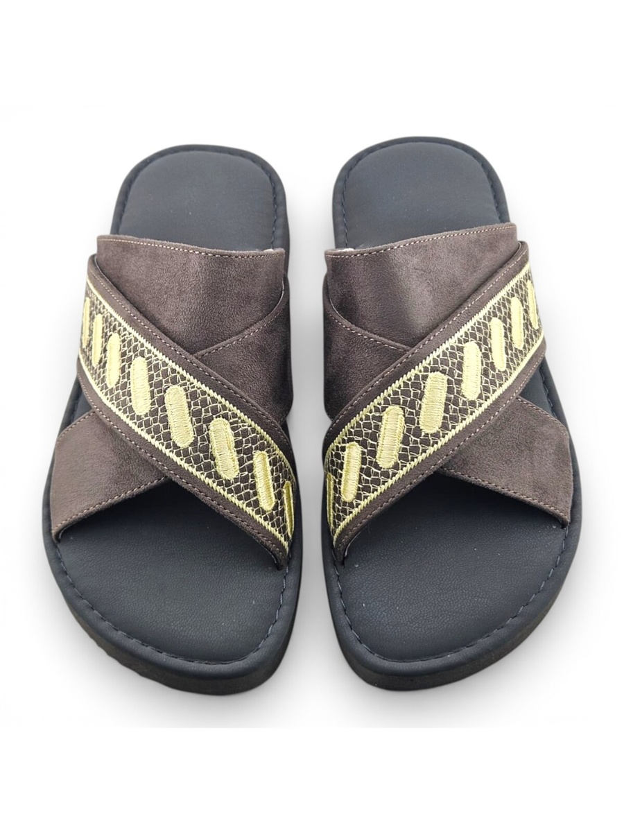 Boys Olive Geo Cross-Strap Arabic Slippers
