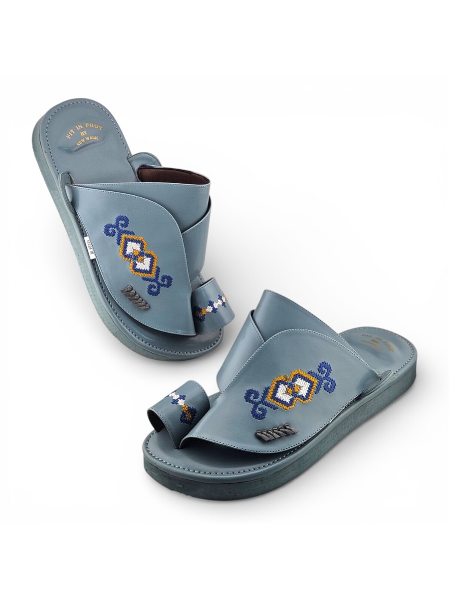 Light Blue Arabic Men Sandals with Embroidered Design