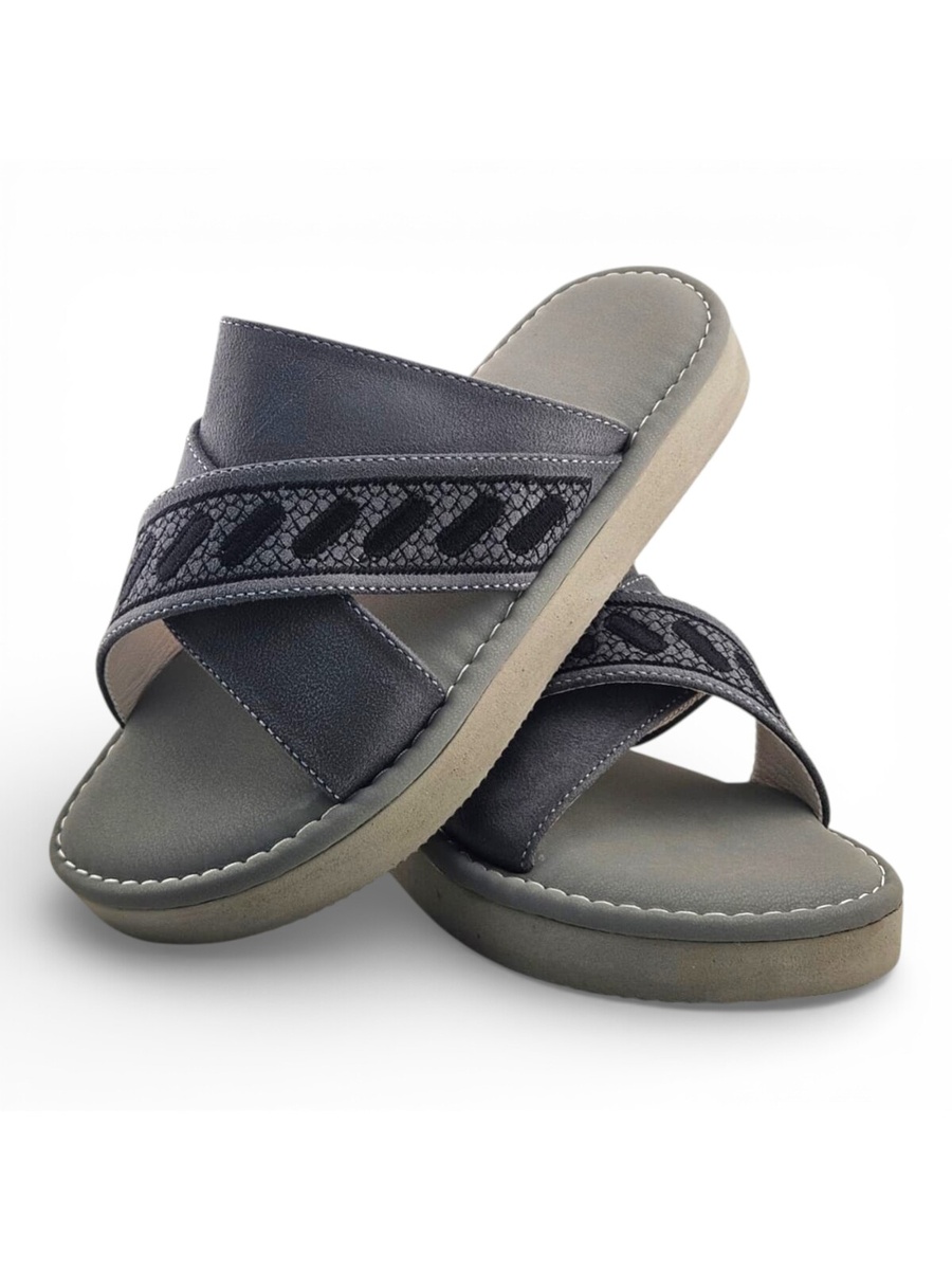 Boys Grey Geo Cross-Strap Arabic Slippers