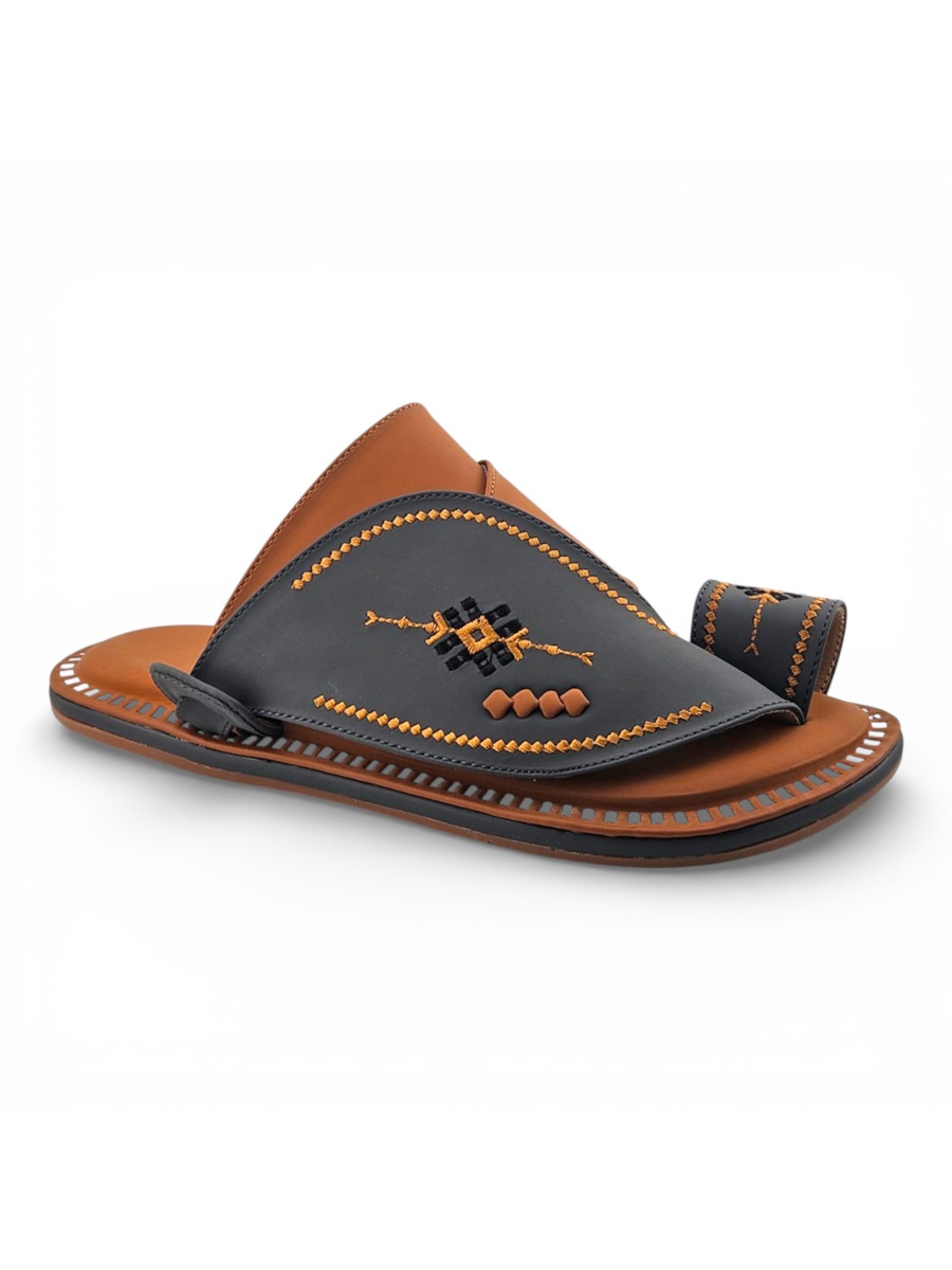 Men Grey and Tan Embroidered Leather Sandals