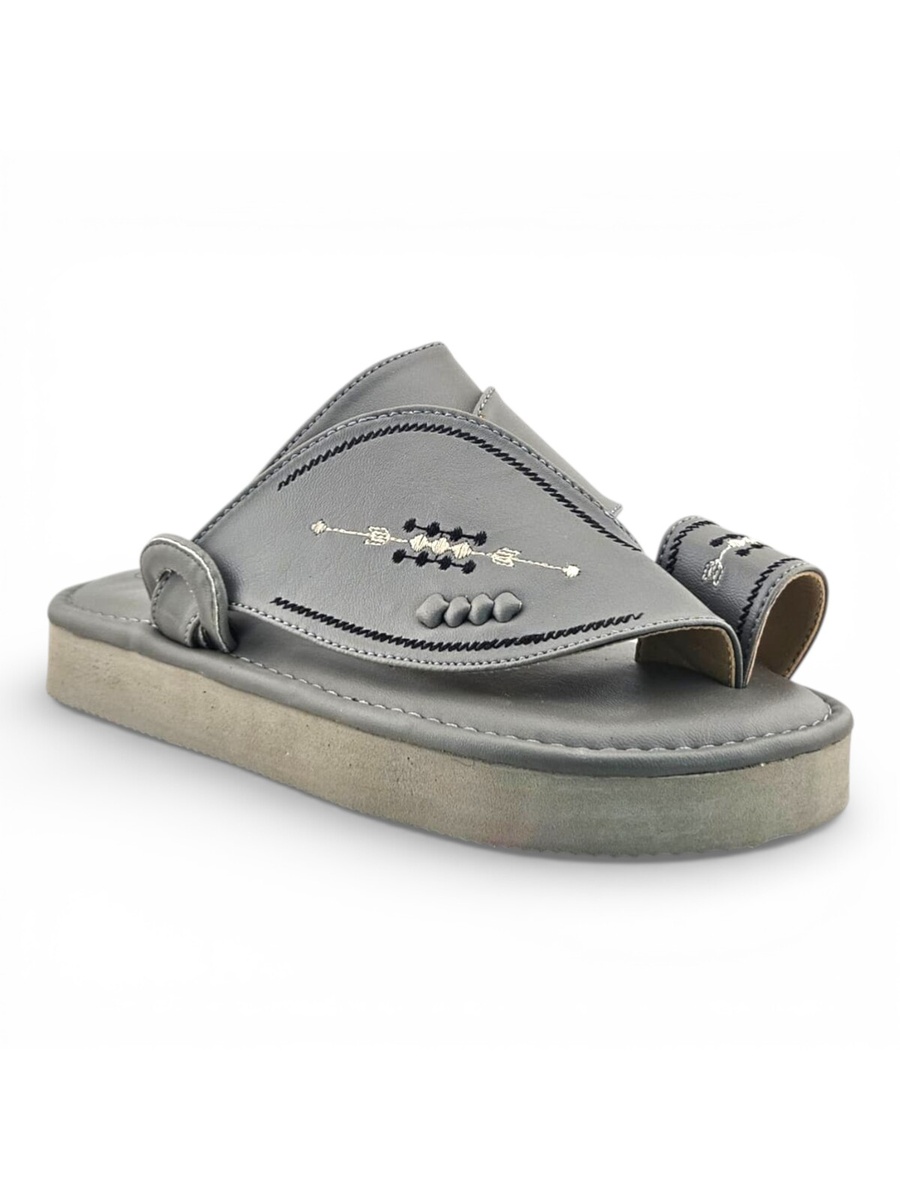 Boys Grey Embroidered Strap Soft Arabic Slippers