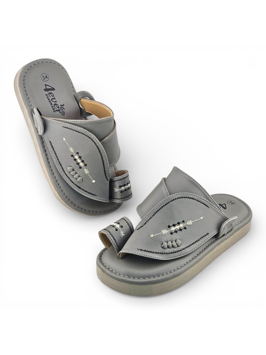 Boys Grey Embroidered Strap Soft Arabic Slippers