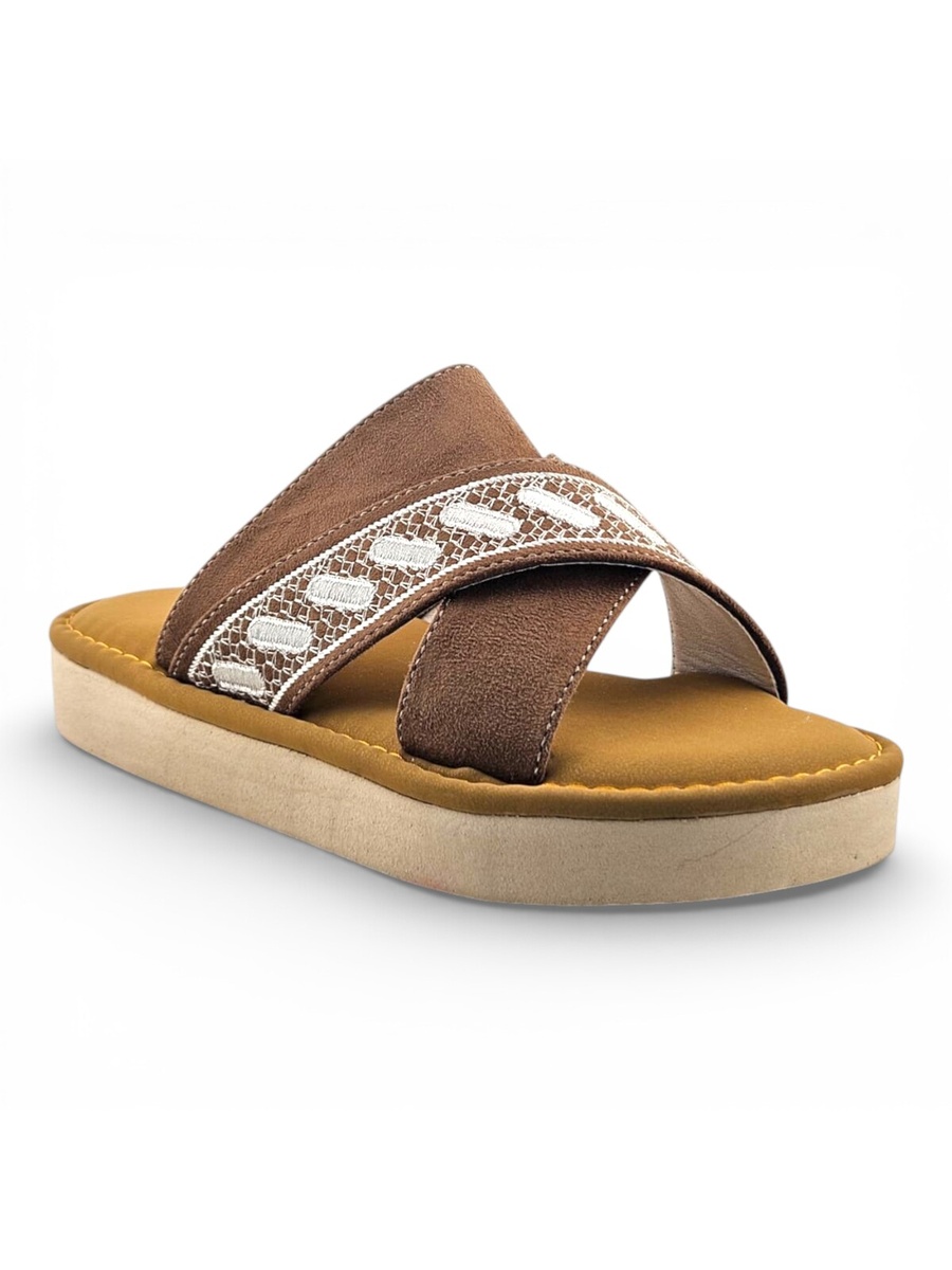 Boys Tan Geo Cross-Strap Arabic Slippers