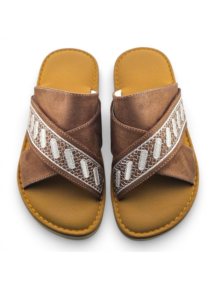 Boys Tan Geo Cross-Strap Arabic Slippers