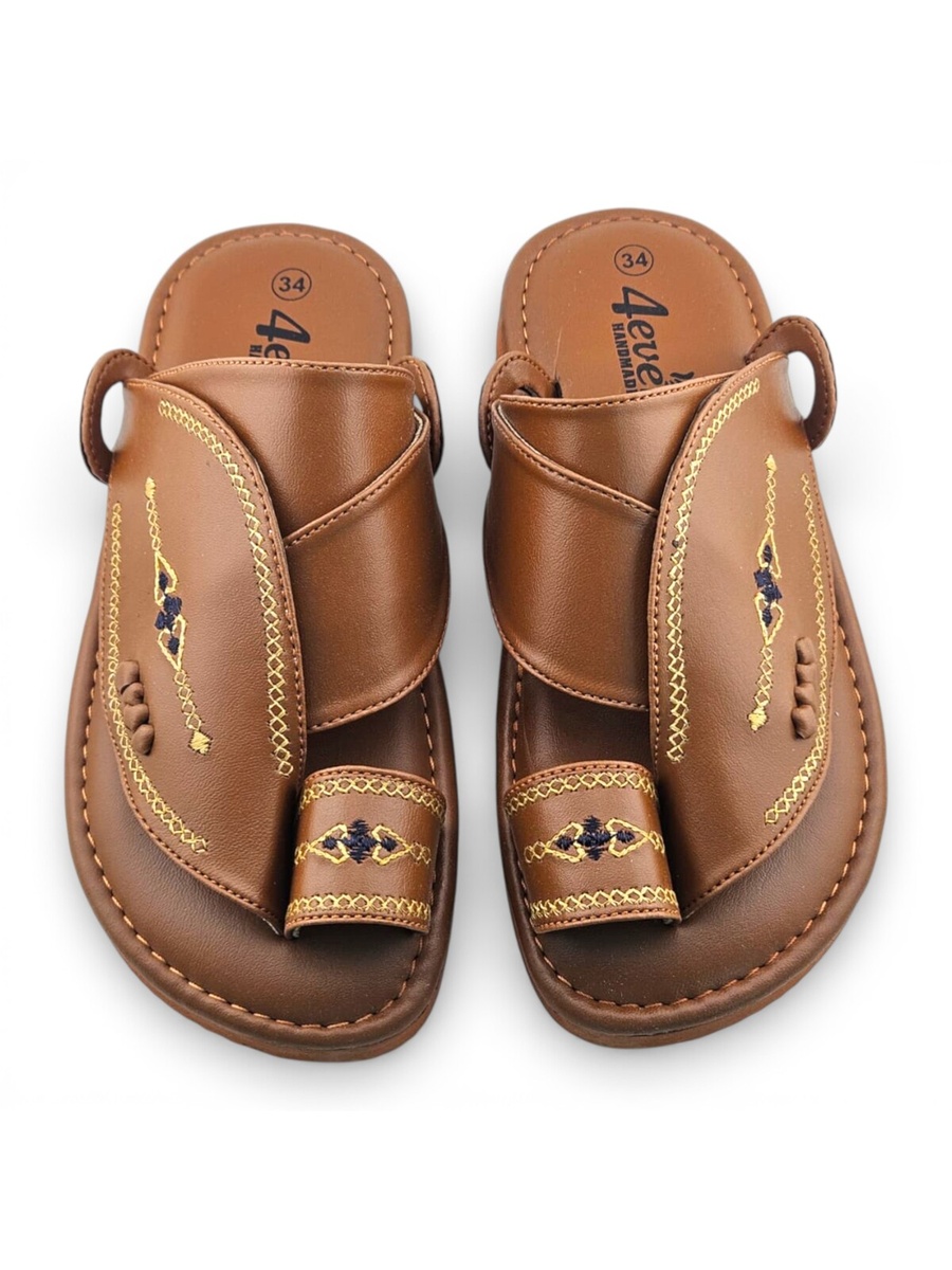 Boys Brown Embroidered Toe-Loop Soft Arabic Slippers