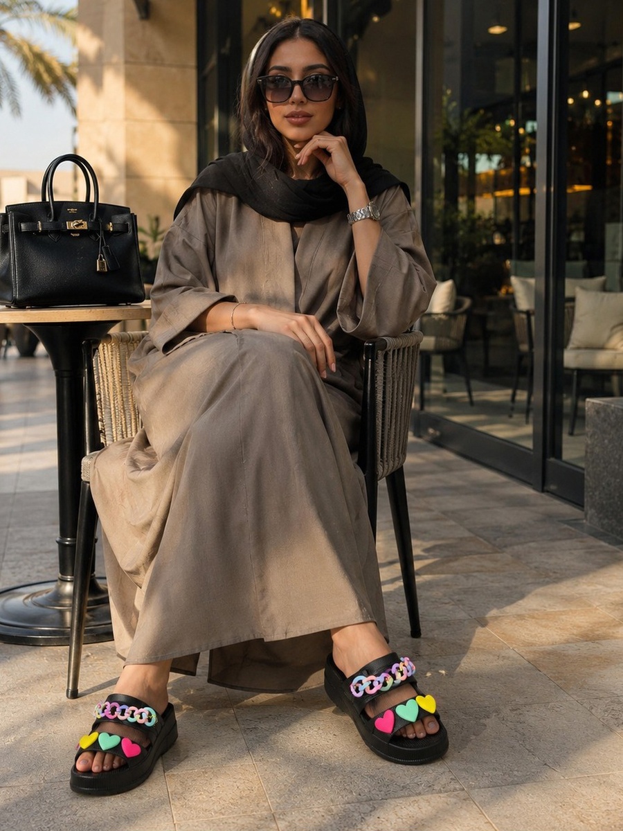 Black Casual Comfort Slides with Pastel Hearts