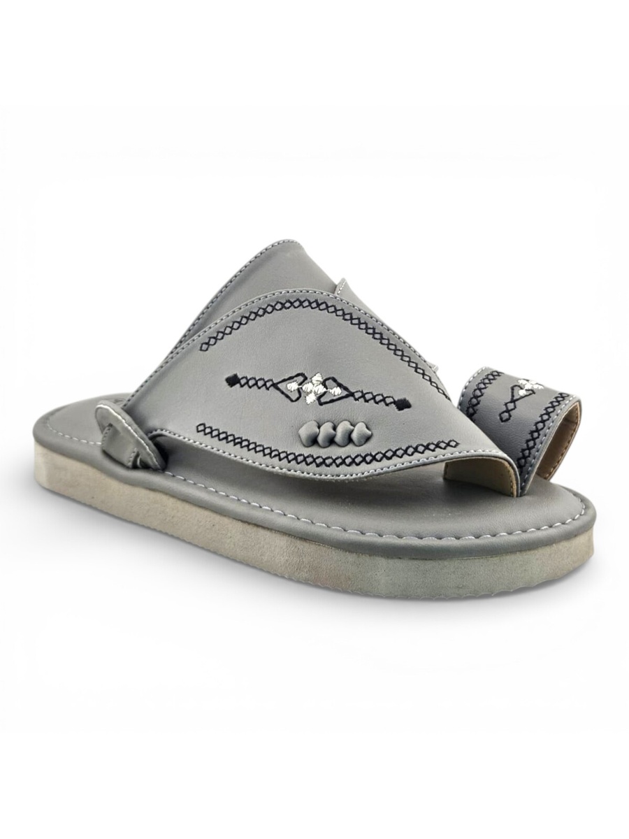 Boys Grey Embroidered Toe-Loop Soft Arabic Slippers