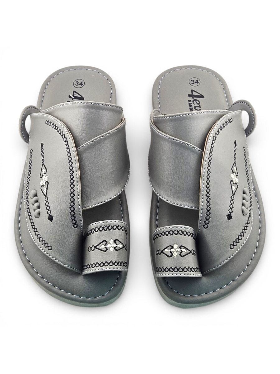 Boys Grey Embroidered Toe-Loop Soft Arabic Slippers