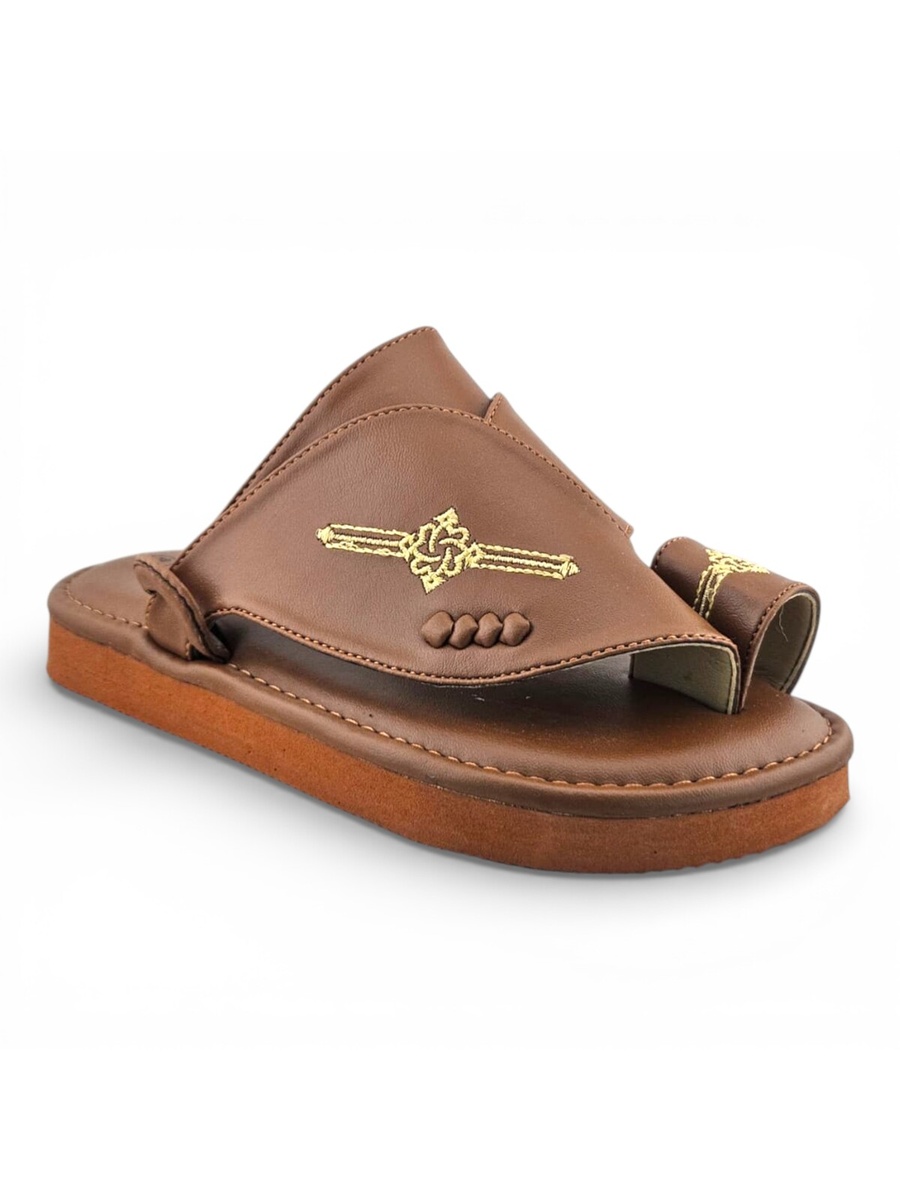 Boys Brown Embroidered Strap Soft Arabic Slippers