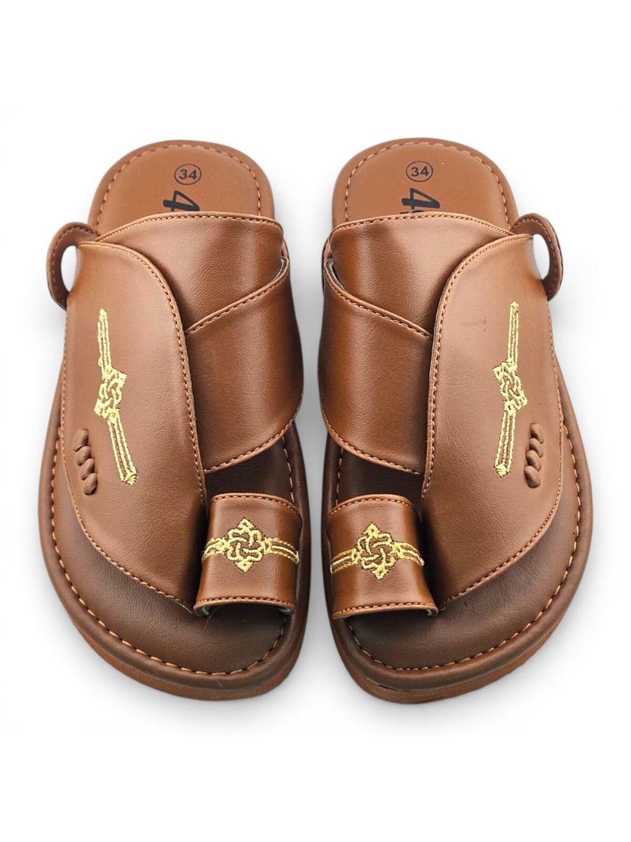 Boys Brown Embroidered Strap Soft Arabic Slippers
