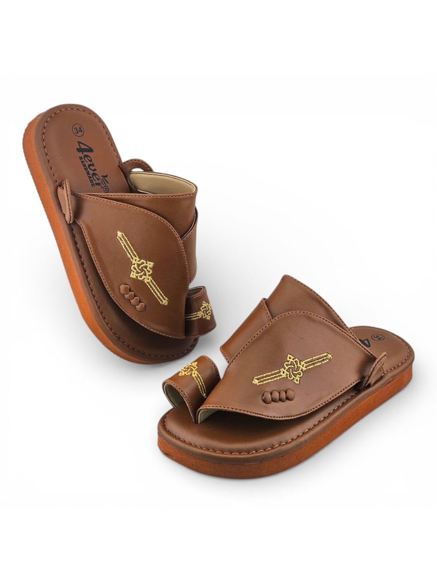 Boys Brown Embroidered Strap Soft Arabic Slippers
