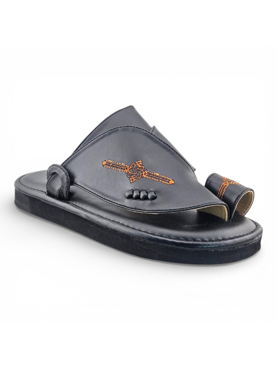 Boys Black Embroidered Strap Soft Arabic Slippers