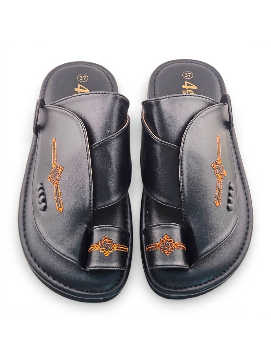 Boys Black Embroidered Strap Soft Arabic Slippers