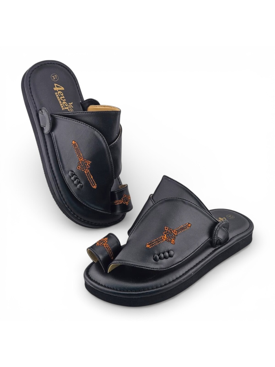 Boys Black Embroidered Strap Soft Arabic Slippers