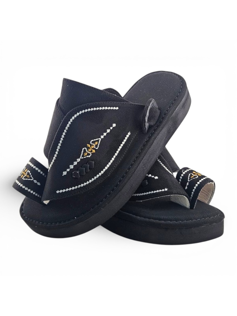 Boys Black Embroidered Strap Arabic Slippers