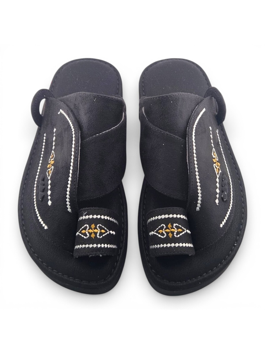 Boys Black Embroidered Strap Arabic Slippers
