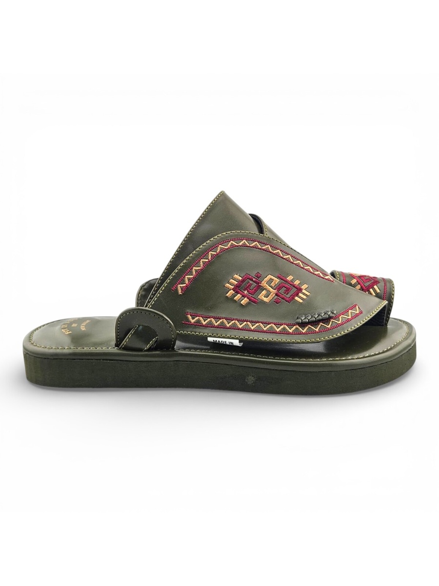Olive Green Men Arabic Sandals with Embroidered Design