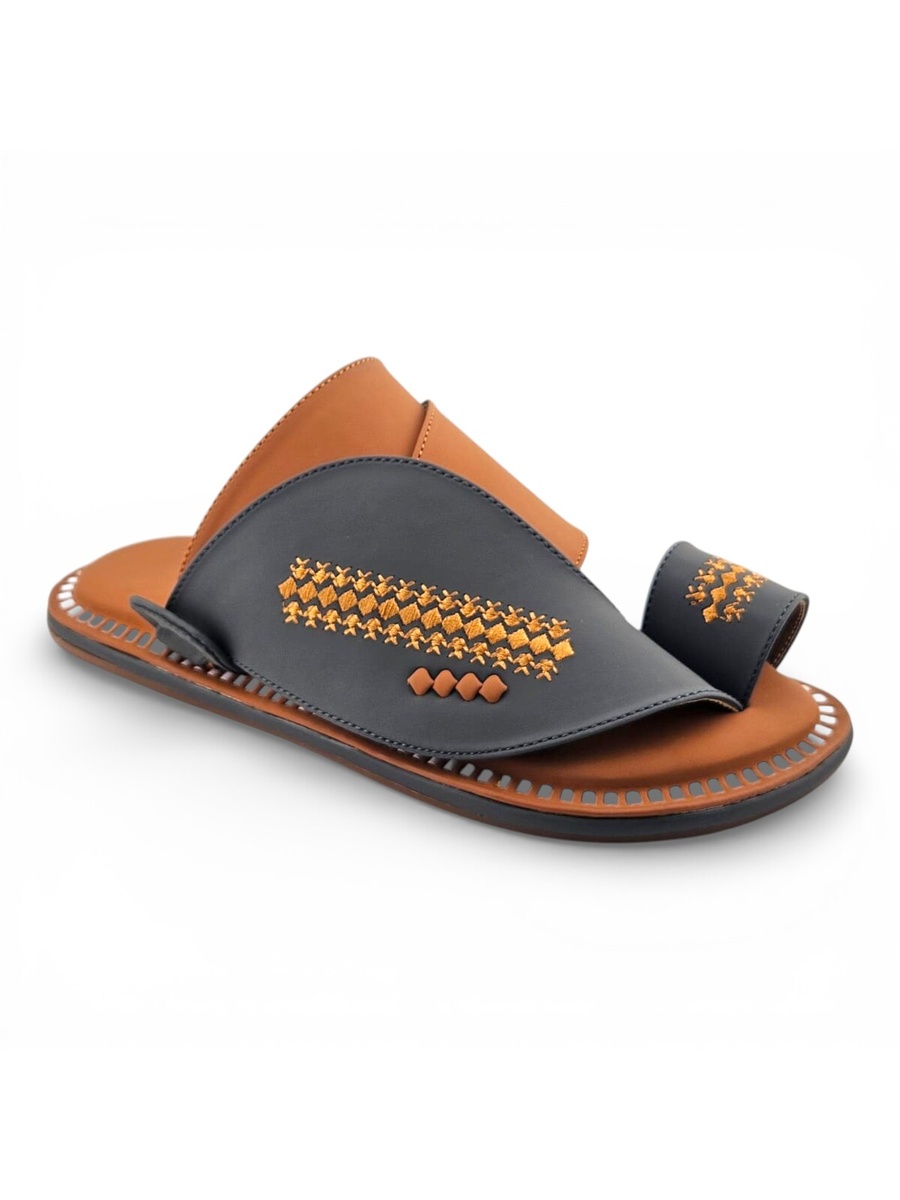 Men Grey Leather Espadrille Sandals with Gold Embroidery