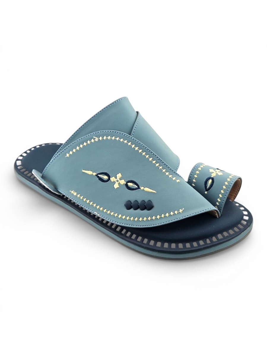 Men Light Blue Embroidered Comfort Slippers