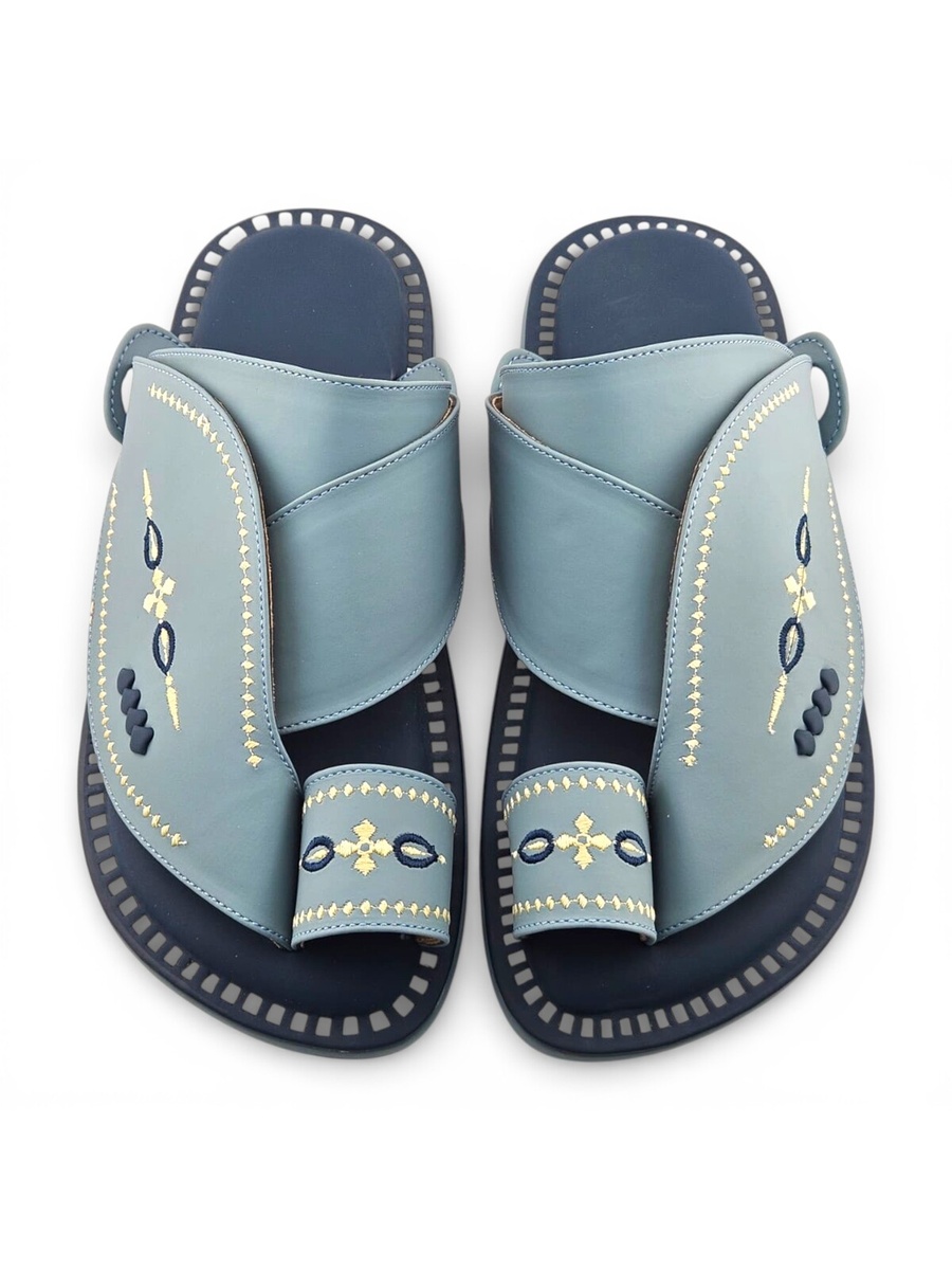Men Light Blue Embroidered Comfort Slippers