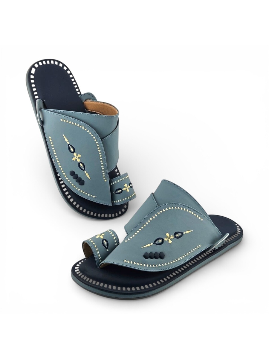 Men Light Blue Embroidered Comfort Slippers