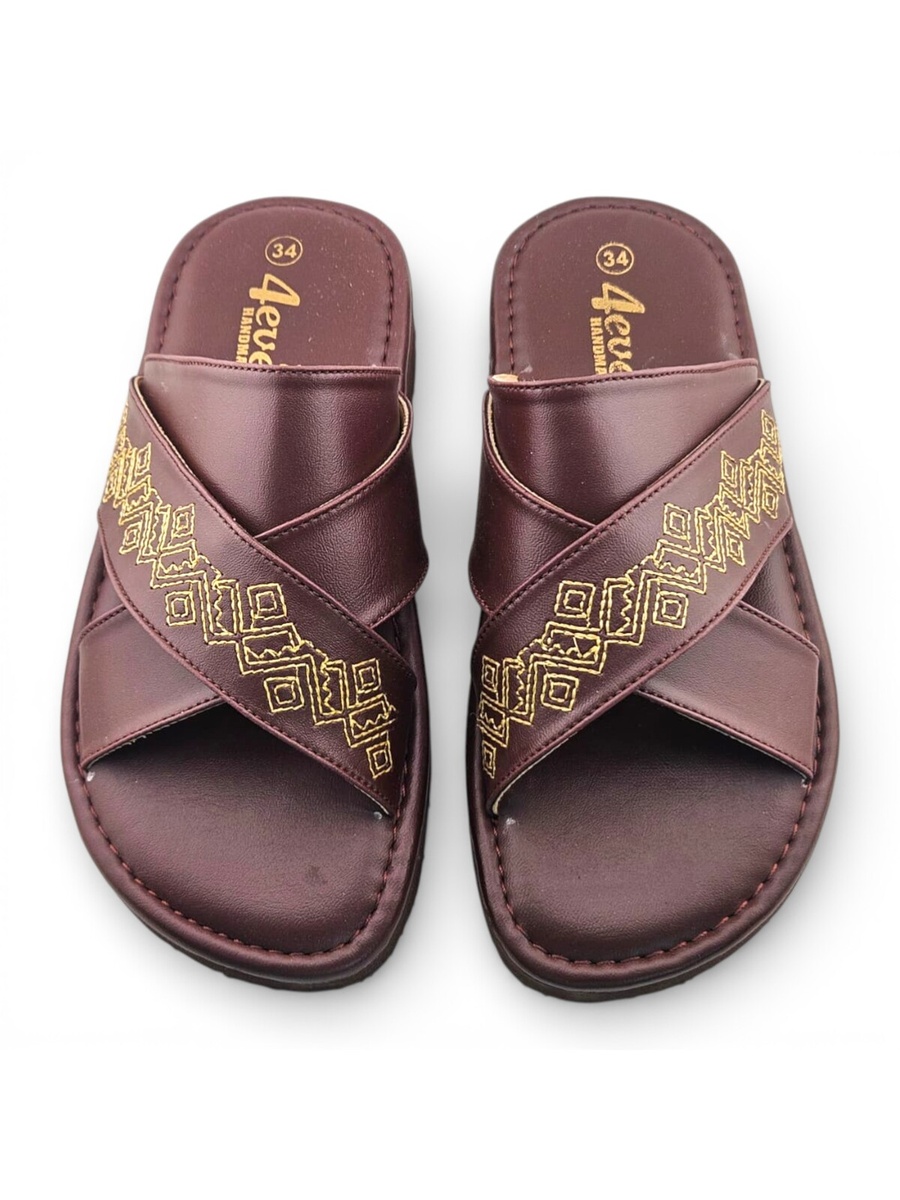 Boys Brown Embroidered Strap Soft Arabic Slippers