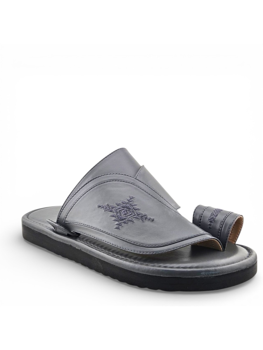 Men Grey Leather Arabic Sandals with Embroidered Design