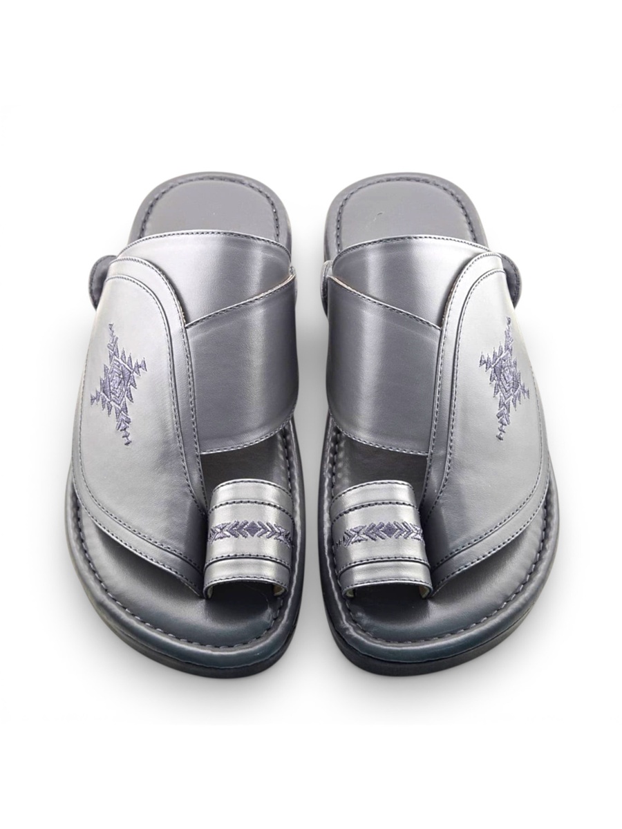 Men Grey Leather Arabic Sandals with Embroidered Design
