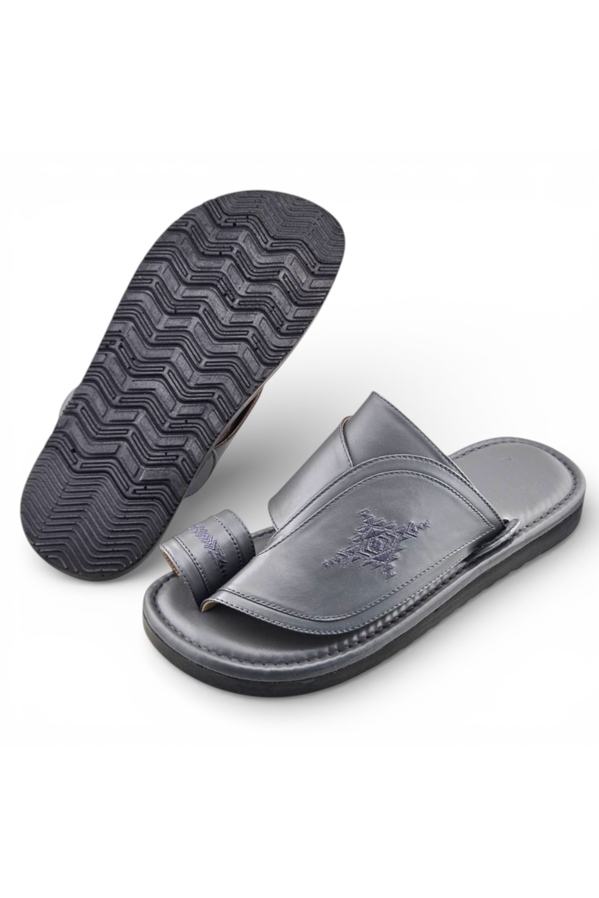 Men Grey Leather Arabic Sandals with Embroidered Design