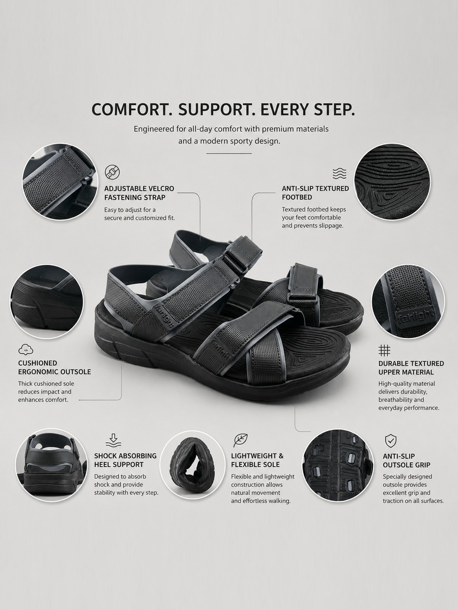 Men Black Casual Sandals - Adjustable Straps for Comfort