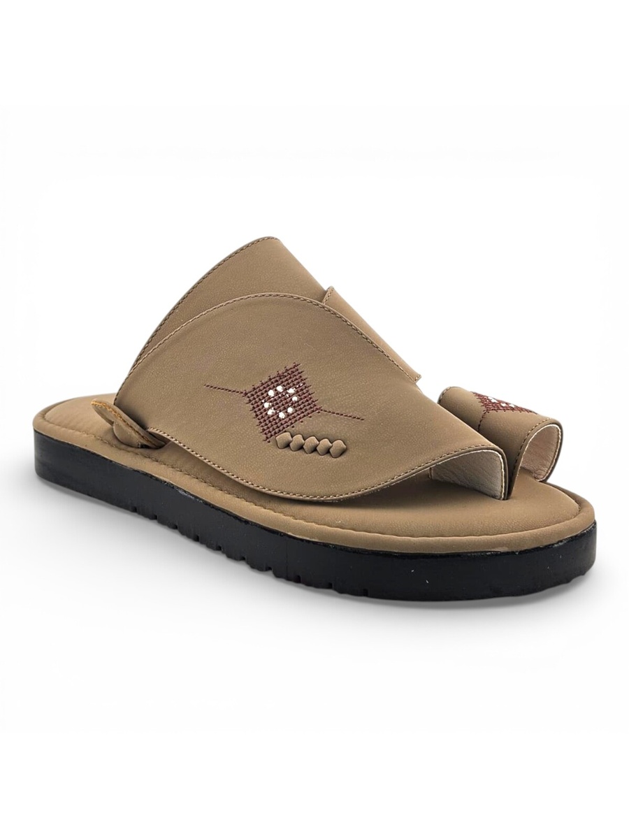 Men Beige Leather Arabic Sandals with Embroidered Detail