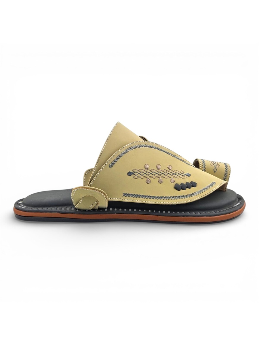 Men Cream Leather Arabic Sandals with Embroidered Detail