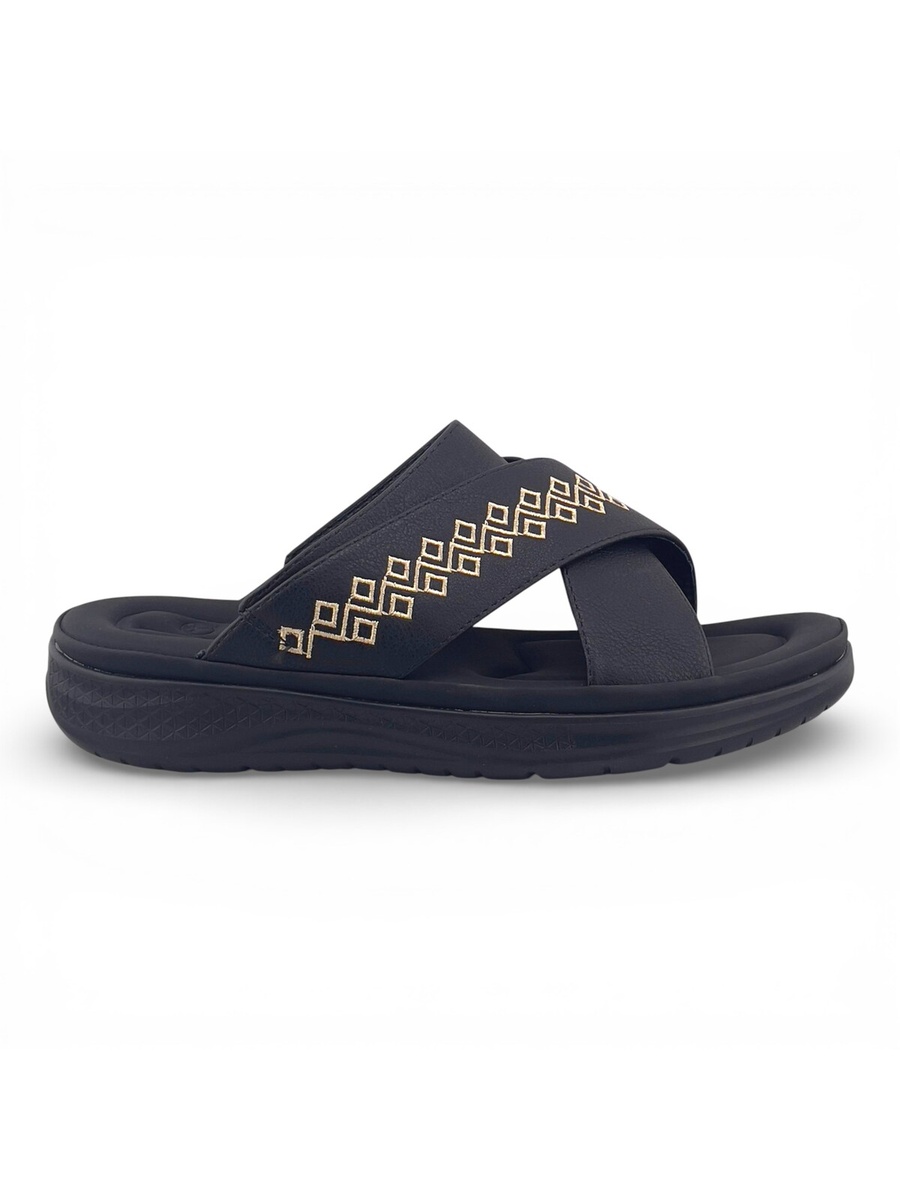 Men Black Cross-Strap Sandals with Gold Geometric Detail
